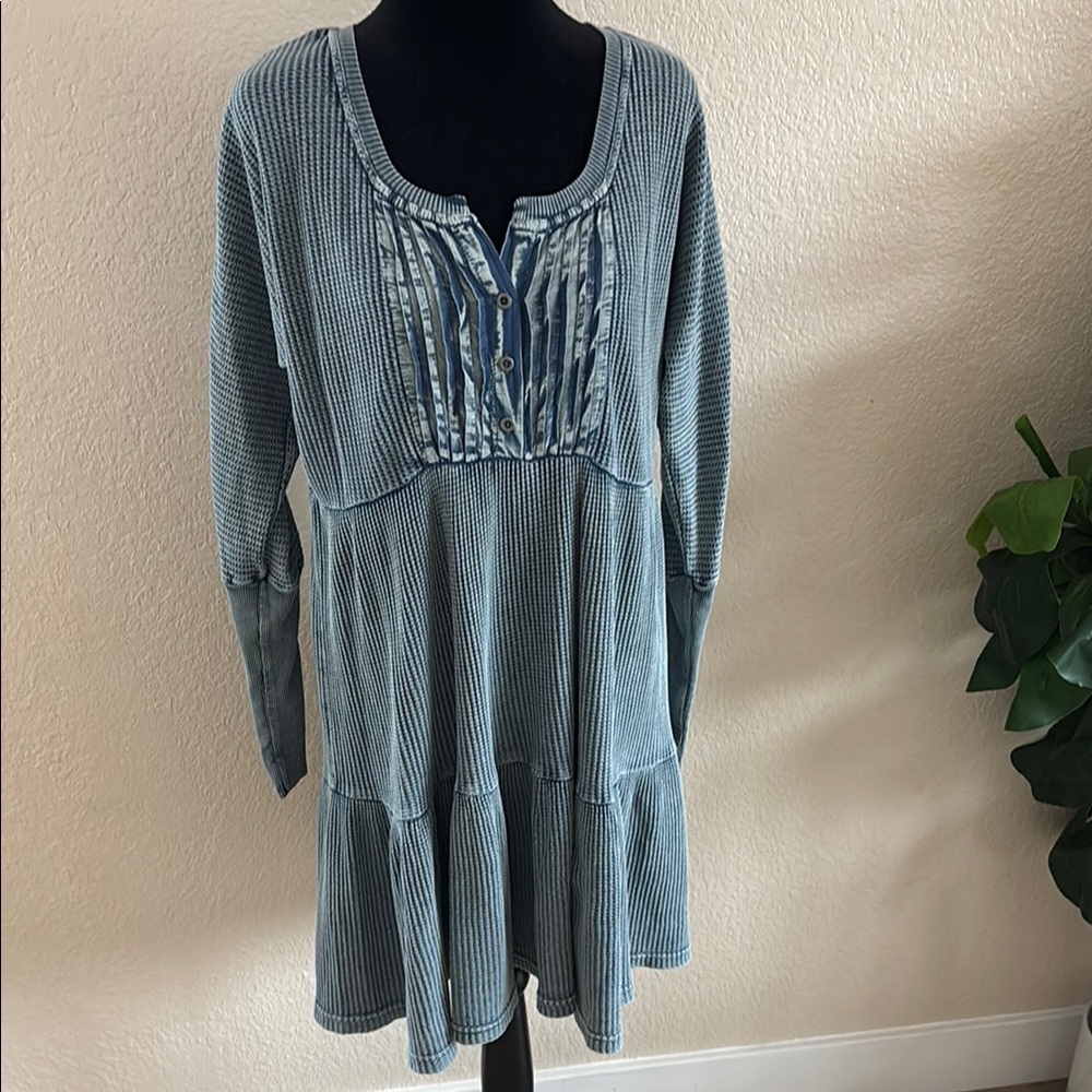 Free People Jolene Waffle Blue Long Sleeve Boho Mini Dress Small Medium XS 0025 - Picture 2 of 9